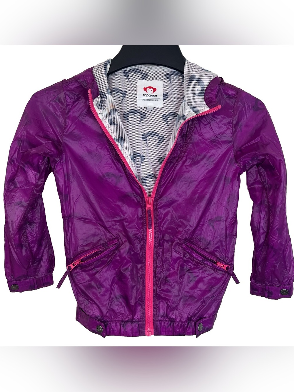 Appaman Girls Purple Lightweight Hooded Jacket Monkey Graphic Lining Size 7.